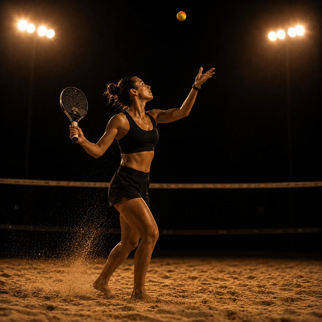 Atleta de beach tênis sacando numa quadra de areia iluminada à noite