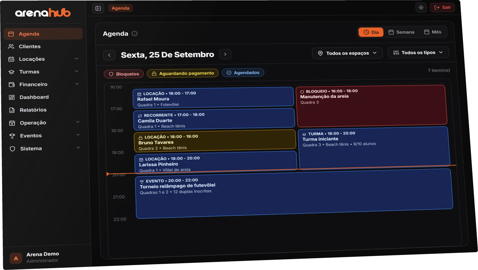 Agenda do dia no ArenaHub, com locações, turma, bloqueio de quadra e torneio organizados por horário